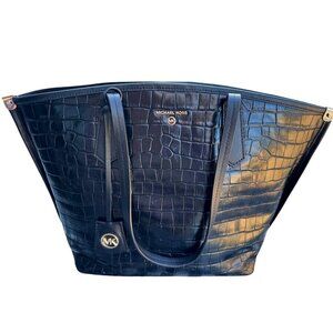 Michael Kors Black Crocodile Embossed Leather Tote Gold Hardware Shoulder Bag